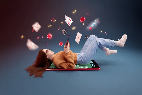A glamorous woman holding casino chips in a neon-lit environment, representing the premium online casino atmosphere of 366BED.