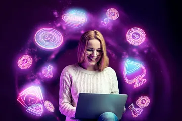 366BED Slots — Thousands of thrilling machines await A woman smiling by bright slot machines showing lucky symbols, showcasing the exciting slot offerings at 366BED.